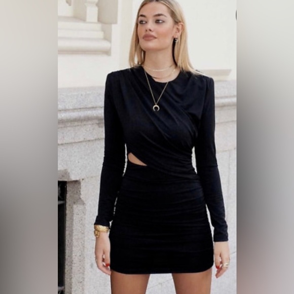 Zara Black Draped Mini Dress with Cut Out and Shoulder Pads XL Body Con Rouged - Picture 4 of 11